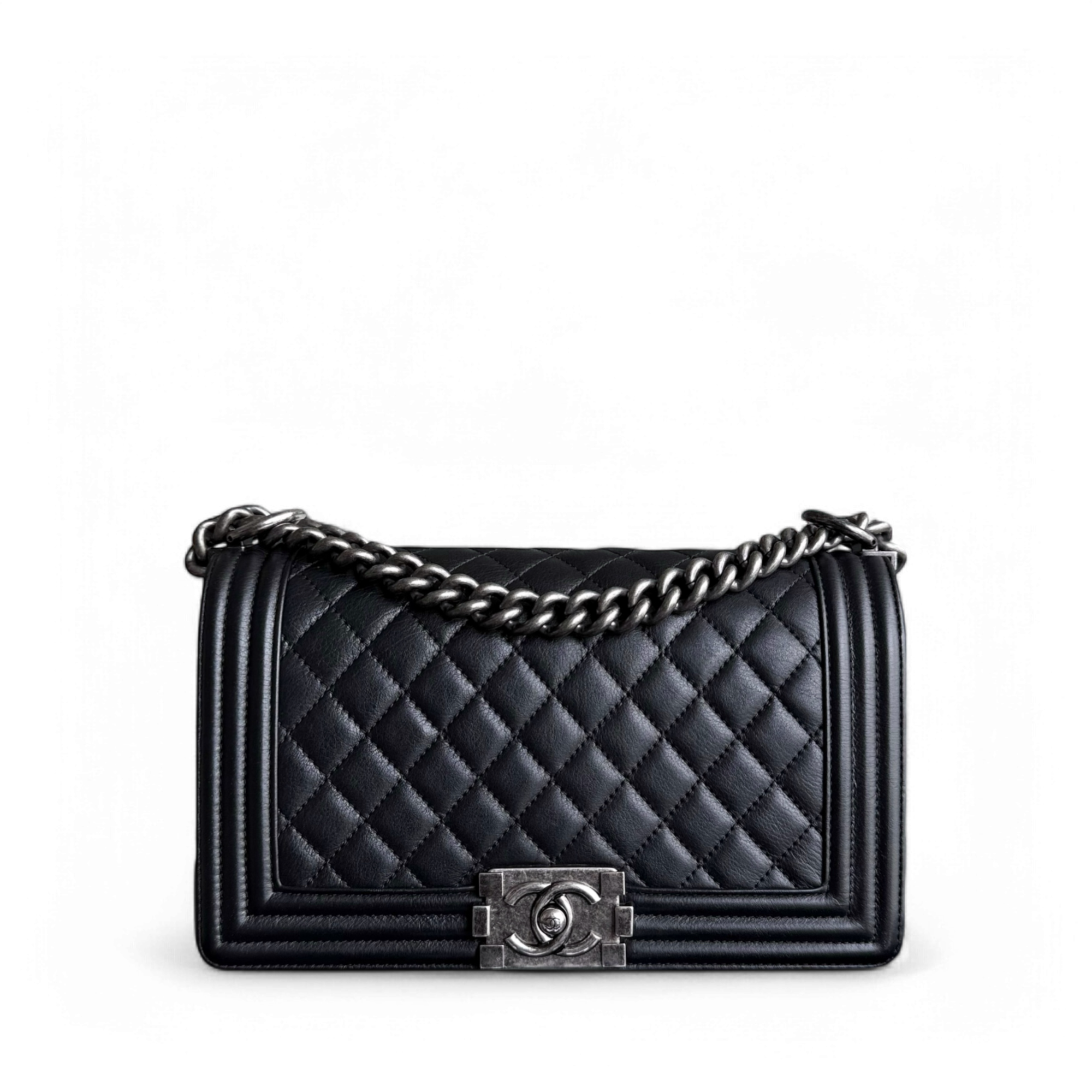 Chanel Boy Medium - 25CM Quilted Calfskin Black Ruthenium Silver Hardware