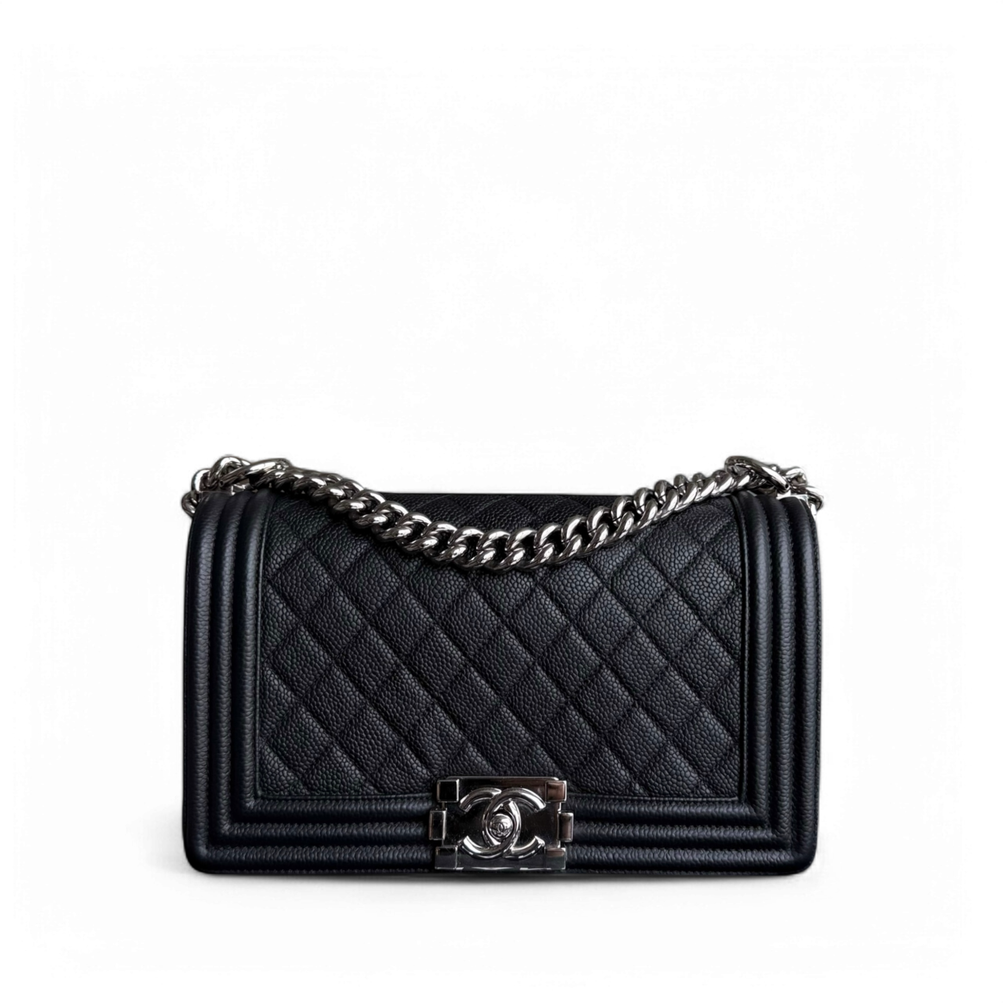 Chanel Boy Medium - Caviar 25CM Quilted Black Silver Hardware Series 17