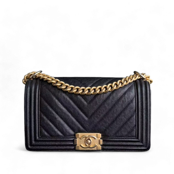 Chanel Boy Medium - Caviar 25CM Chevron Black Gold Hardware Series 26