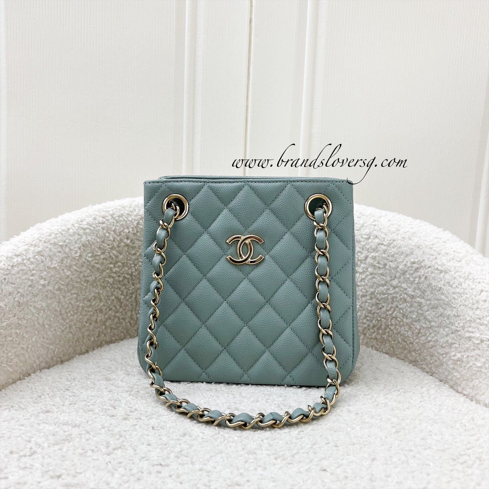 Chanel Bucket Bag in 23C Seafoam Grey Green Caviar and LGHW