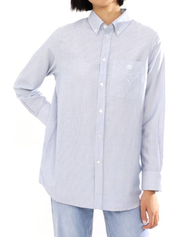 CELINE Tomboy Striped Silk Long Sleeve Shirt Light Blue