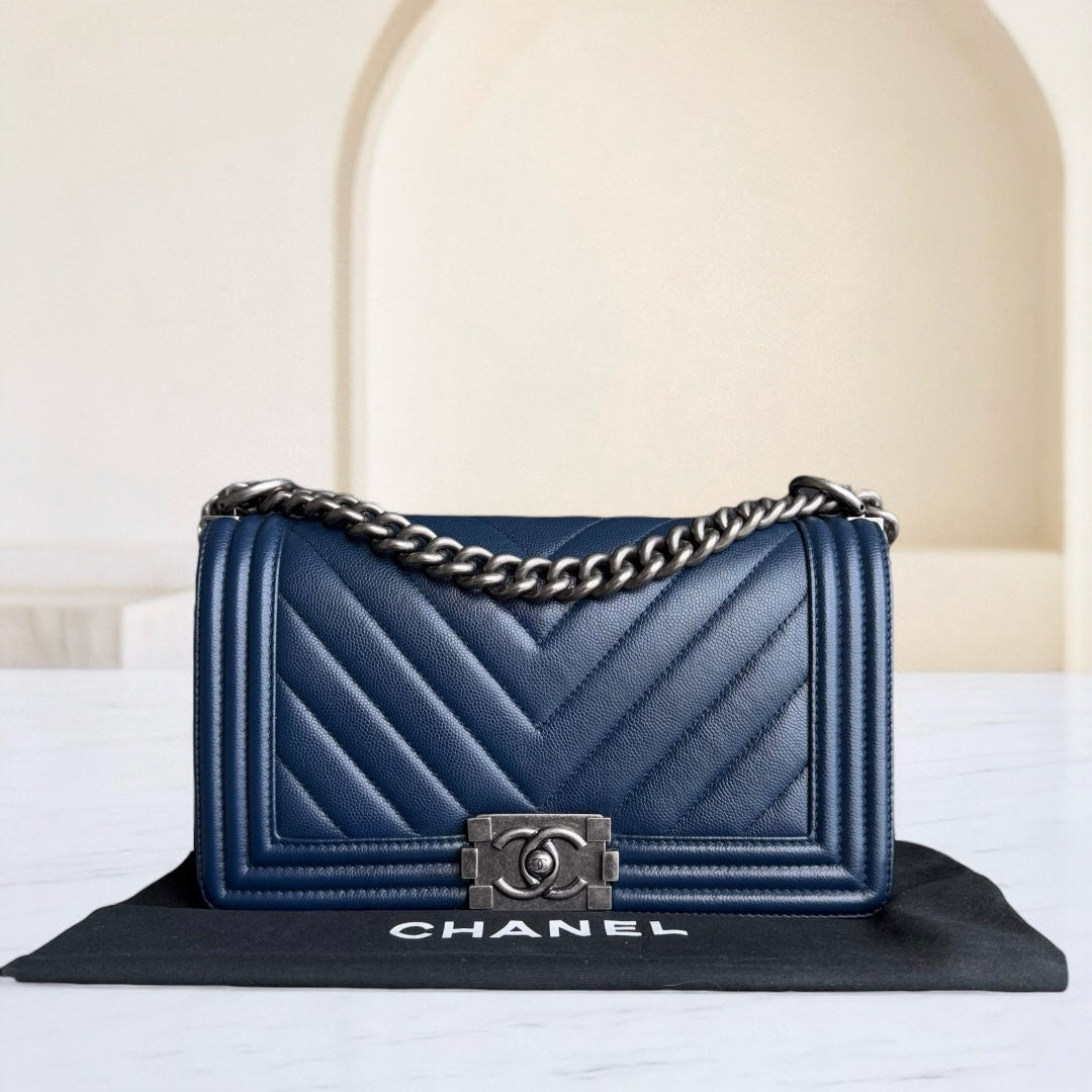 Chanel Boy Medium - Caviar Chevron Dark Blue Ruthenium Silver Hardware Series 24