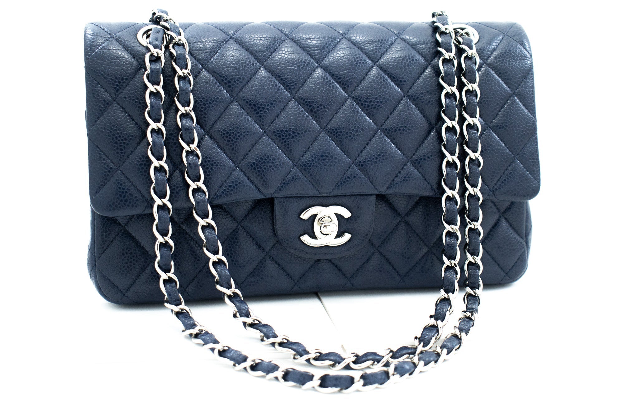 CHANEL Navy Caviar Double Flap Chain Shoulder Bag Quilted Leather j44