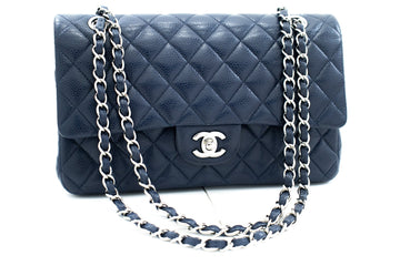 CHANEL Navy Caviar Double Flap Chain Shoulder Bag Quilted Leather j44