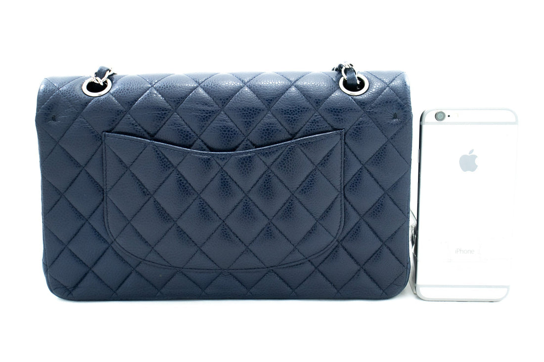 CHANEL Navy Caviar Double Flap Chain Shoulder Bag Quilted Leather j44