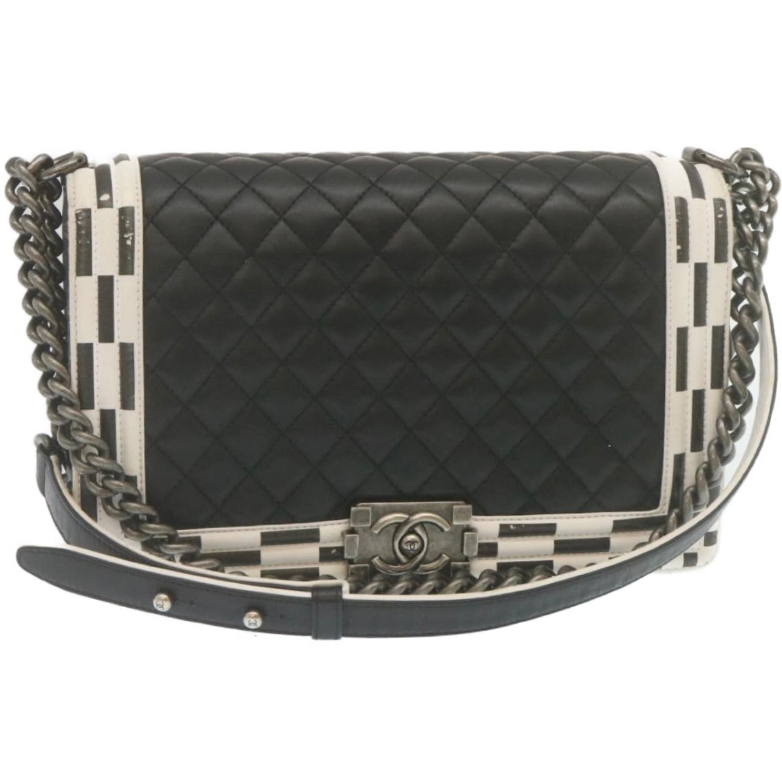 Top Quality Chanel Matelasse Boy  Chain Shoulder Bag Lamb Skin Black CC Auth 29190A