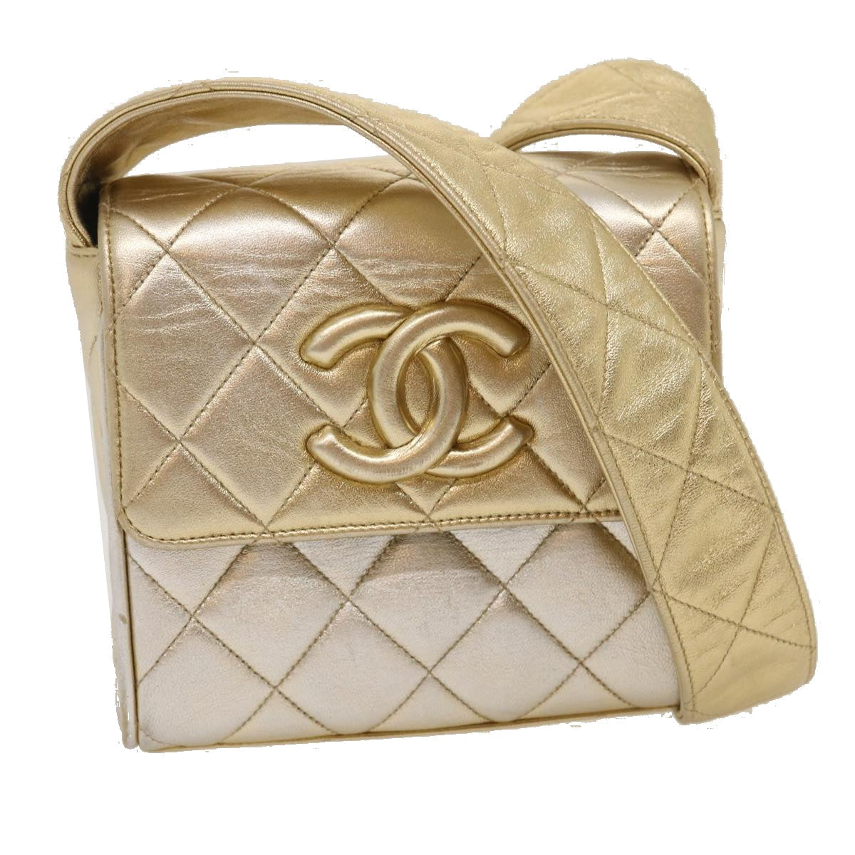 Top Quality Chanel Matelasse Shoulder Bag Lamb Skin Gold CC Auth 29567A