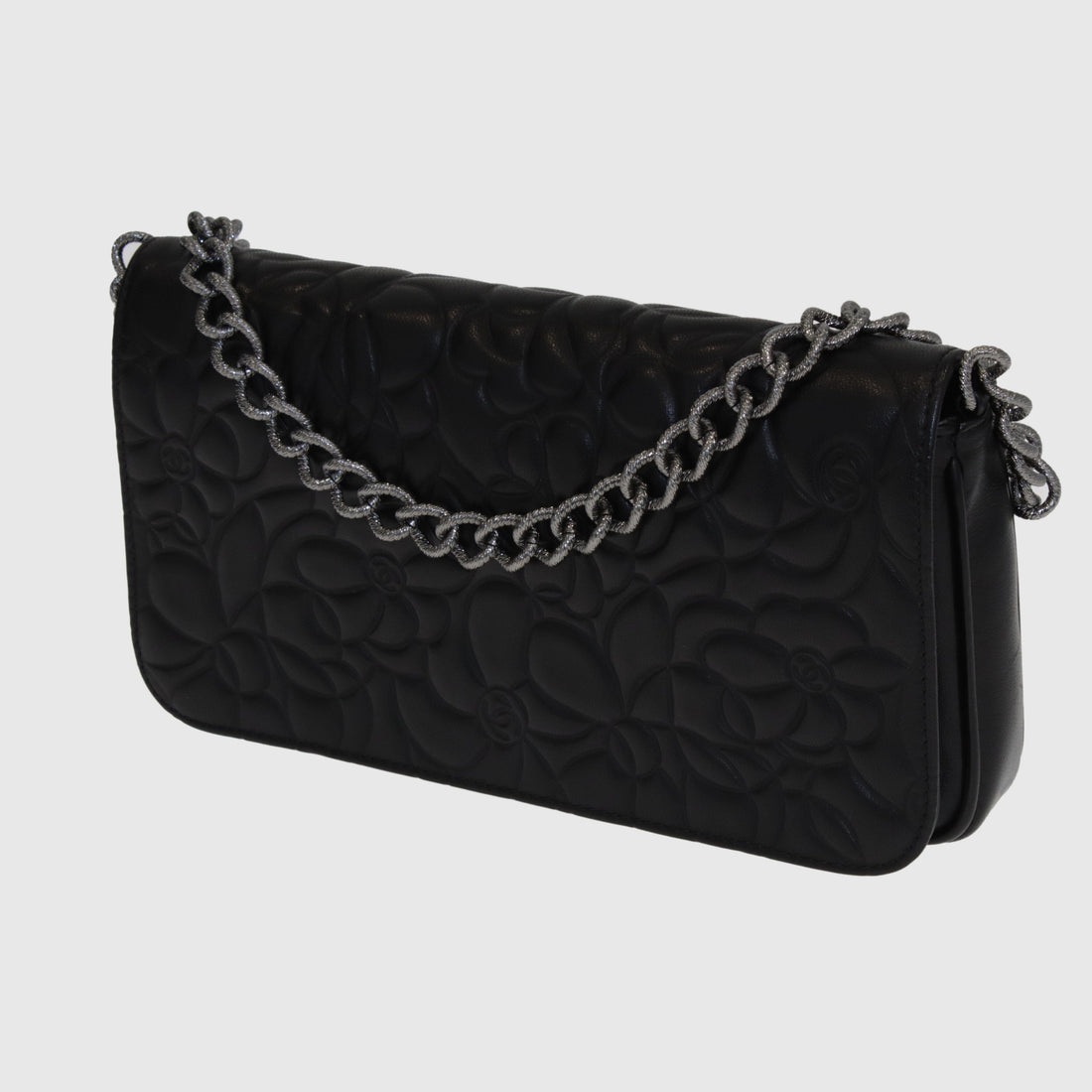 Black Camellia Embossed Flap Bag