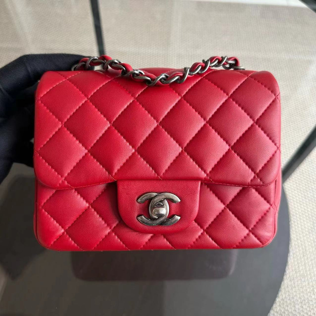 Mini Square Classic Flap Quilted Lambskin Red RSHW No 20