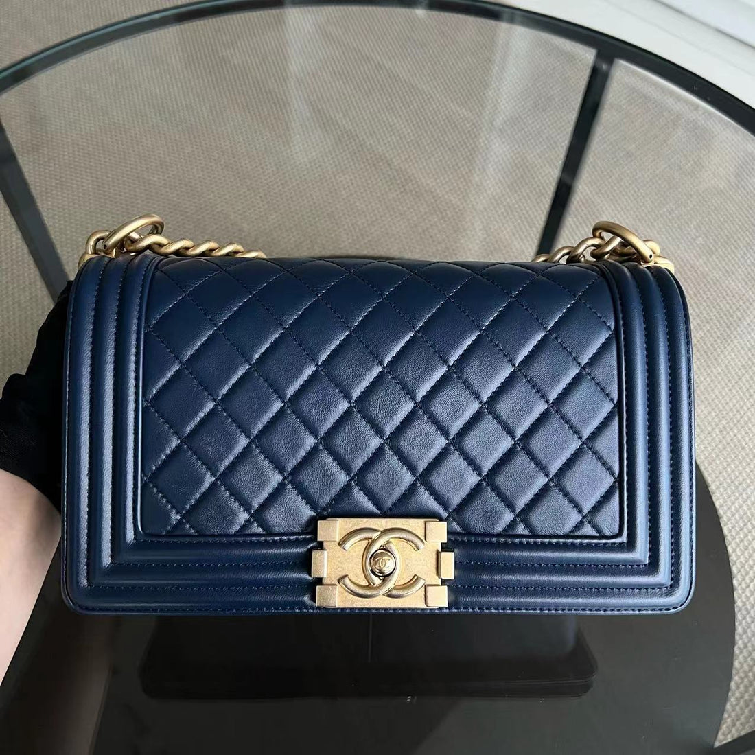 Chanel Boy Medium - 25CM Quilted Lambskin Dark Blue Golden Hardware Series 21
