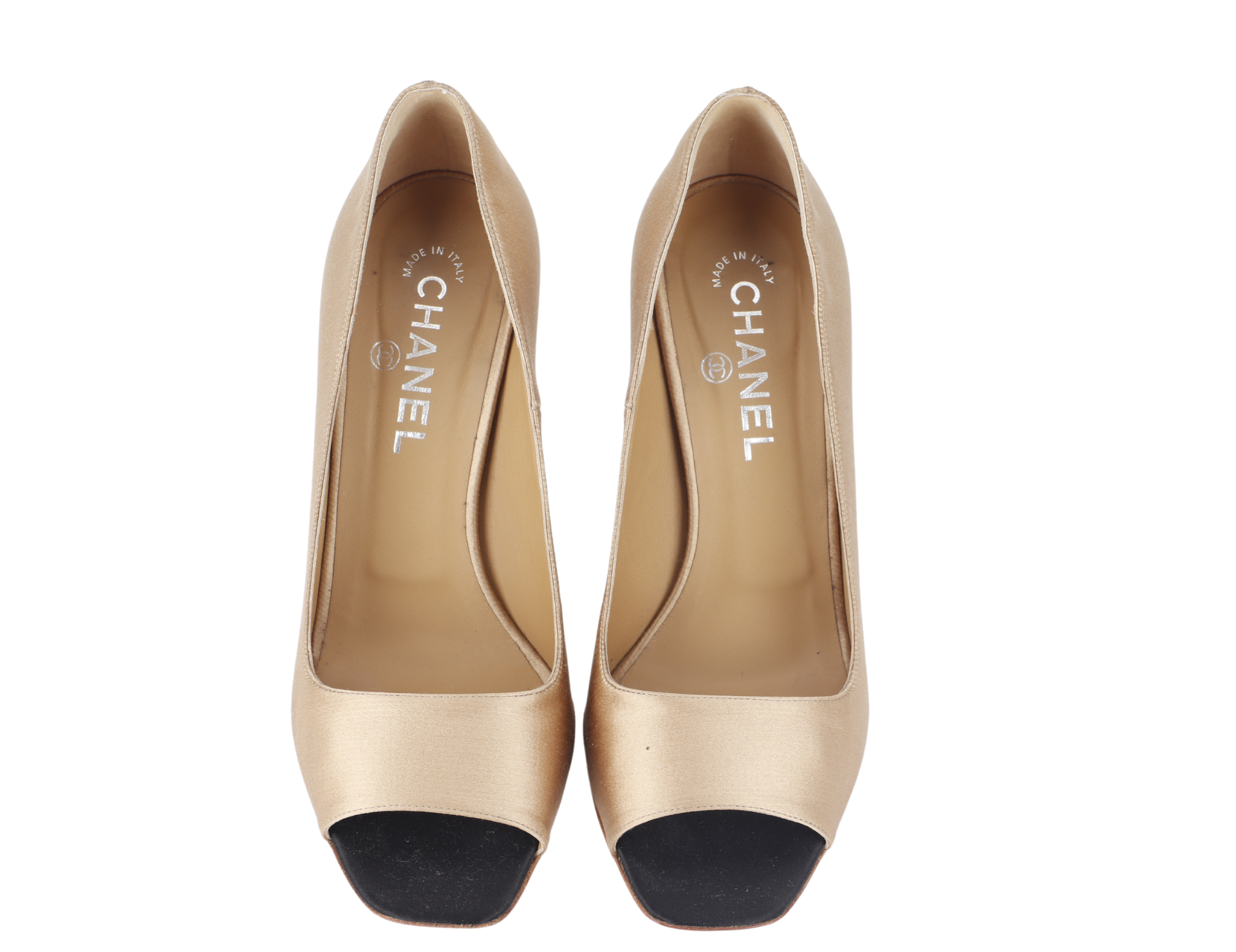 CHANEL OPEN TOE PUMPS BEIGE SATIN LEATHER SIZE 39