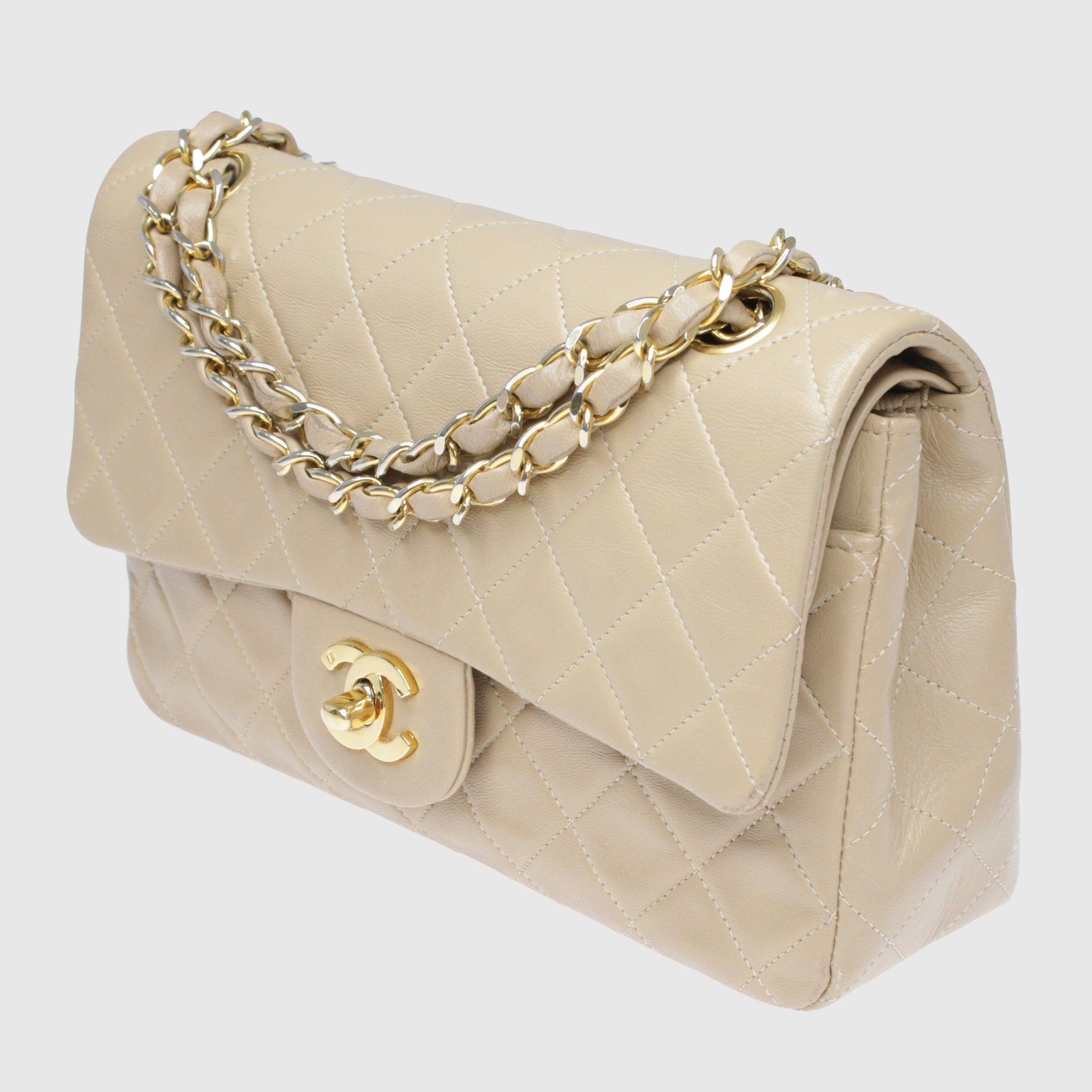 Beige Vintage Quilted Classic Small Double Flap Bag w Gold Hardware