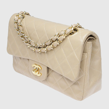 Beige Vintage Quilted Classic Small Double Flap Bag w Gold Hardware
