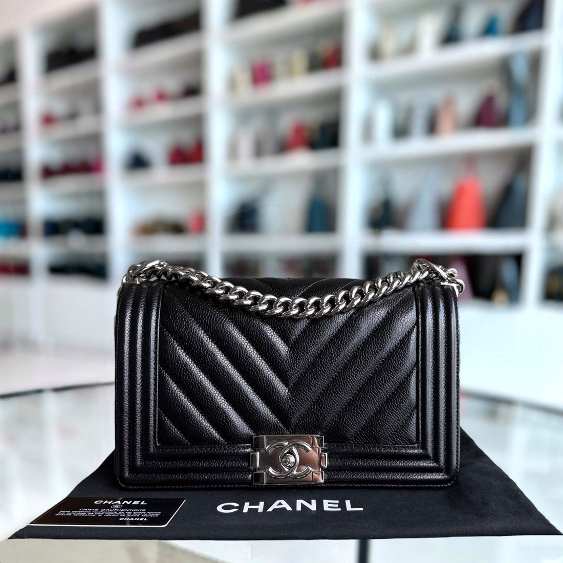 Chanel Boy Medium - Caviar 25CM Chevron Black Silver Hardware Series 29