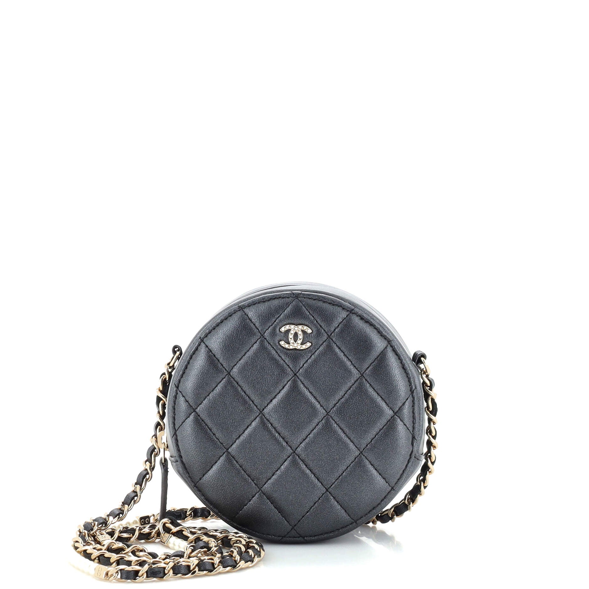 CHANEL Pearl Strap Round Clutch with Chain Quilted Iridescent Lambskin