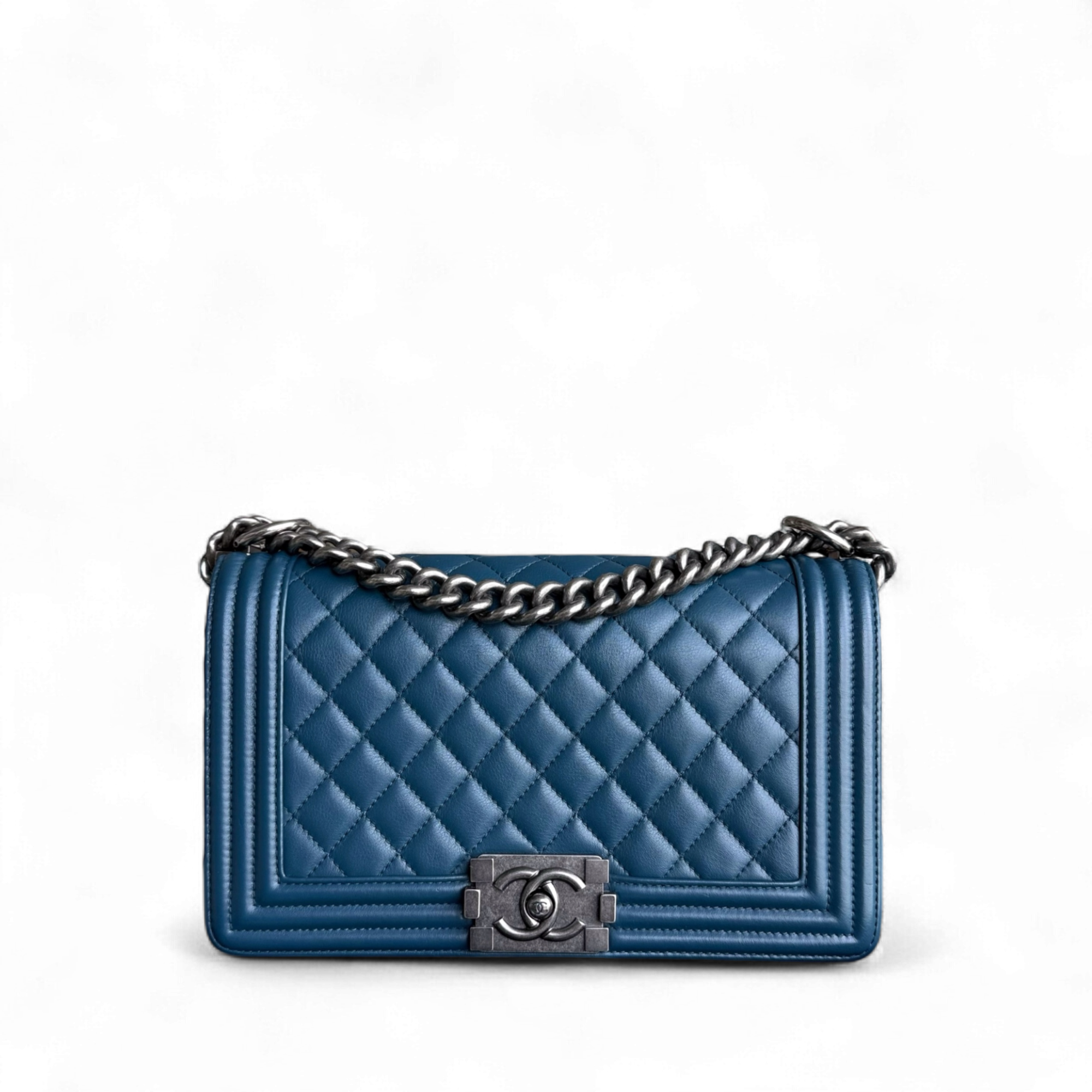 Chanel Boy Medium - Calfskin 25CM Quilted Blue Ruthenium Silver Hardware Series 26