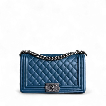 Chanel Boy Medium - Calfskin 25CM Quilted Blue Ruthenium Silver Hardware Series 26