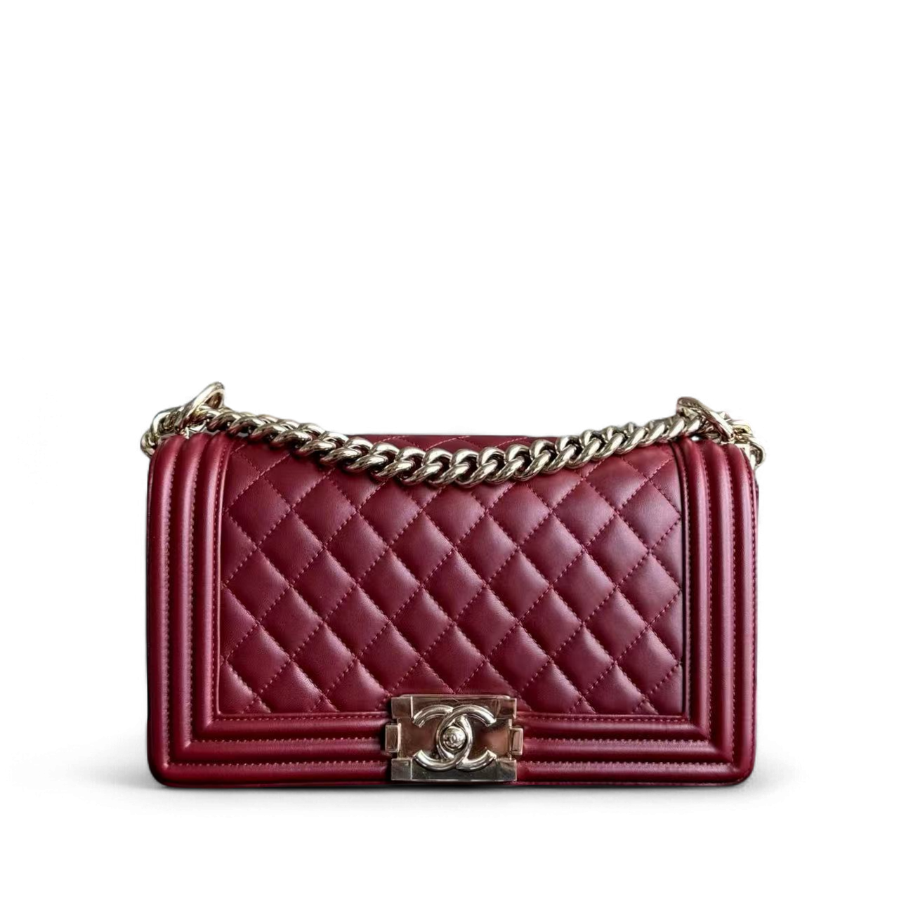 Chanel Boy Medium - 25CM Quilted Lambskin Burgundy Red Gold Hardware Series 22