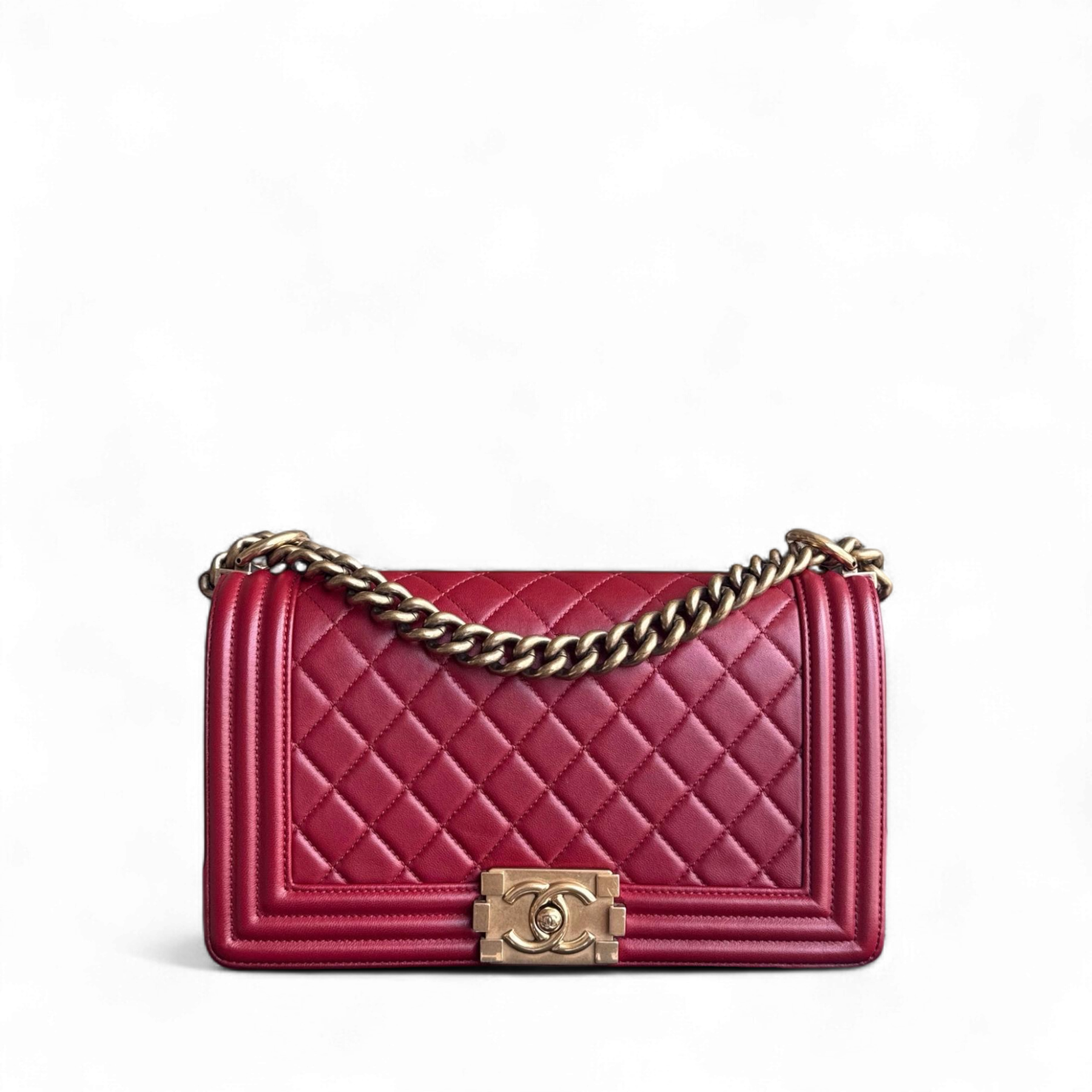 Chanel Boy Medium - 25CM Quilted Lambskin Dark Red Gold Hardware Series 19