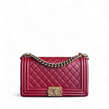 Chanel Boy Medium - 25CM Quilted Lambskin Dark Red Gold Hardware Series 19
