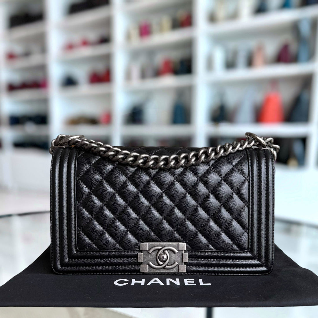 Chanel Boy Medium - Caivar 25CM Quilted Black Ruthenium Silver Hardware