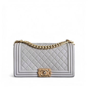 Chanel Boy Medium - Caviar 25CM Quilted Light Grey Gold Hardware