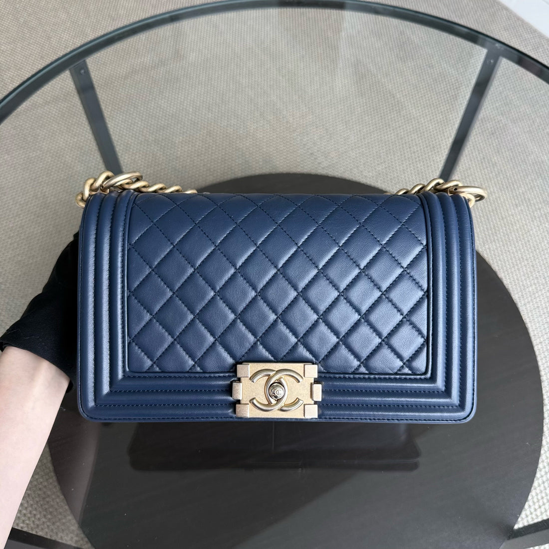 Chanel Boy Medium - 25CM Quilted Lambskin Dark Blue Gold Hardware Series 24