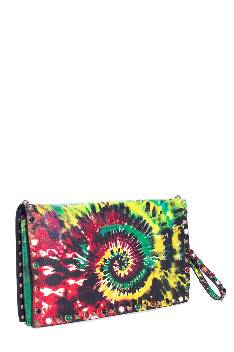 Valentino Pebbled Calfskin Tie-Dye Rockstud Rolling Wristlet Clutch