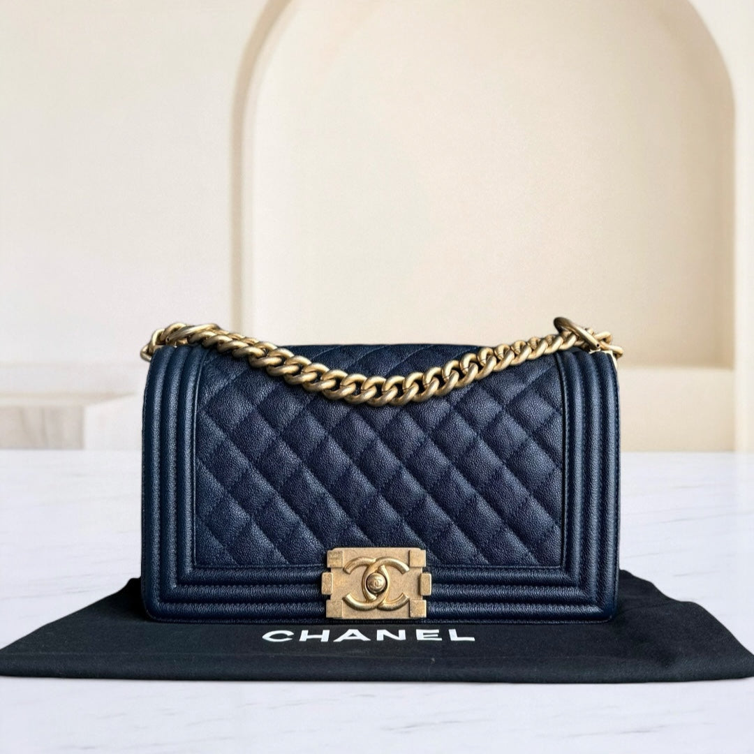 Chanel Boy Medium - Caviar 25CM Quilted Dark Blue Gold Hardware Series 25