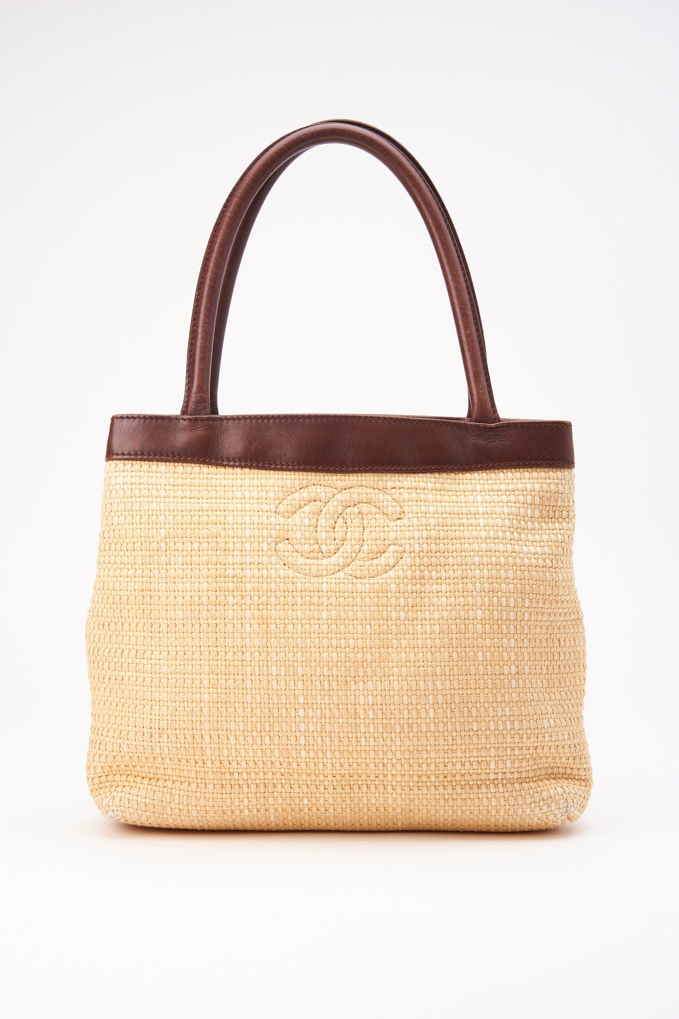 Chanel Raffia Tote Bag With Brown Leather Handles