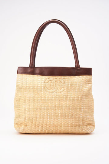 Chanel Raffia Tote Bag With Brown Leather Handles