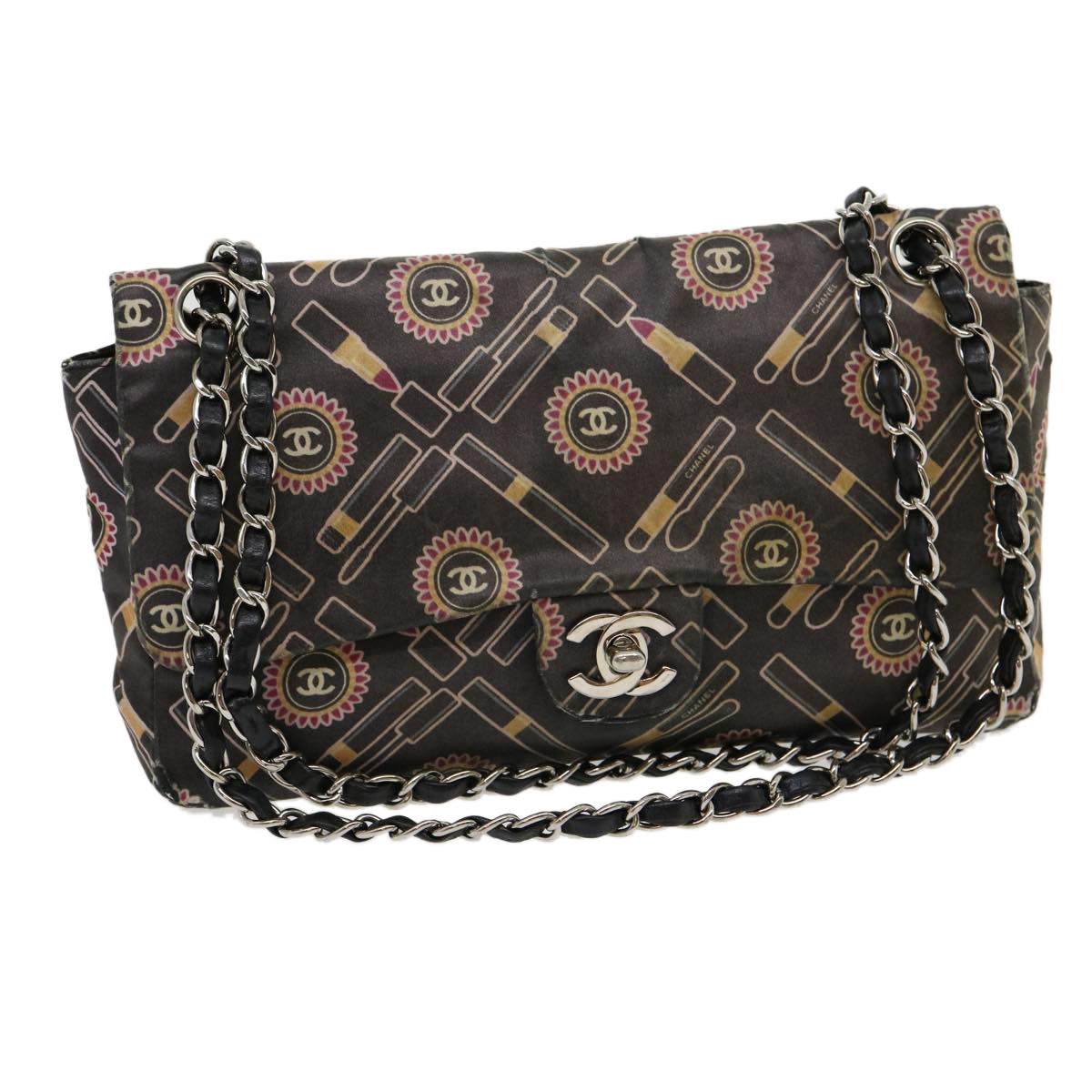 Top Quality Chanel Lip Chain Turn Lock Shoulder Bag Satin Black CC Auth 30892