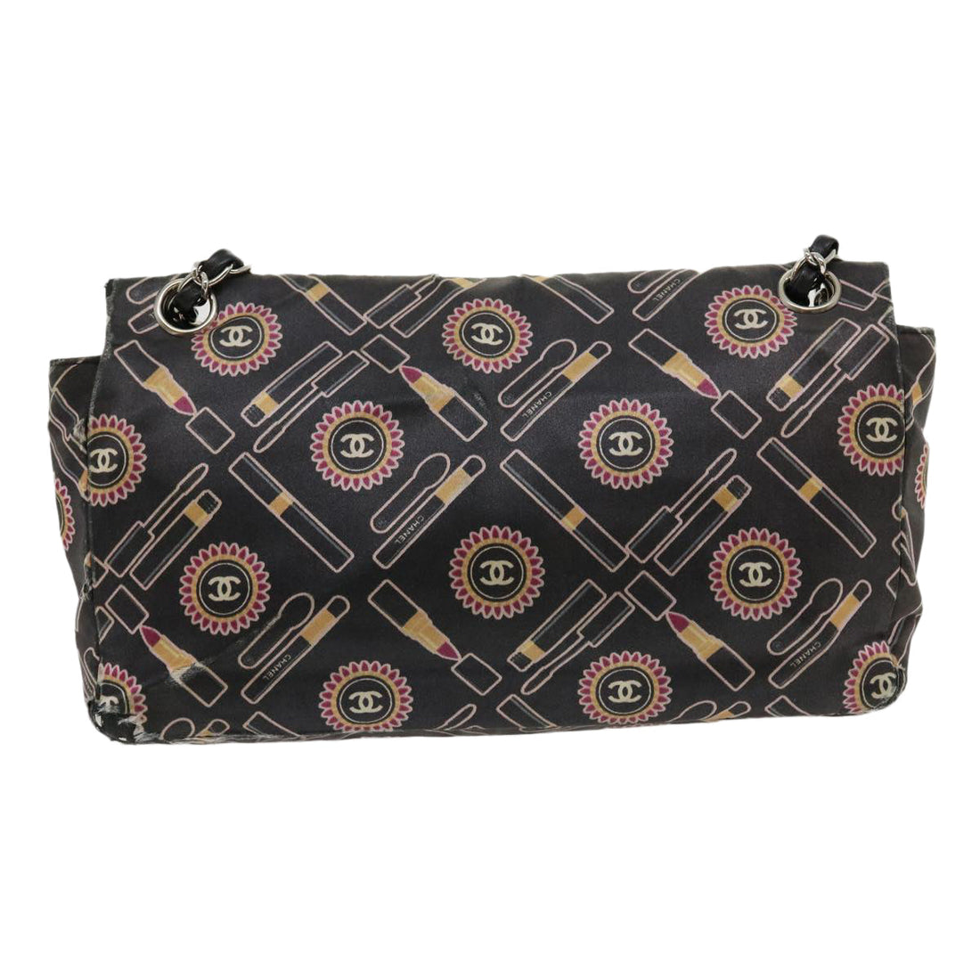 Top Quality Chanel Lip Chain Turn Lock Shoulder Bag Satin Black CC Auth 30892