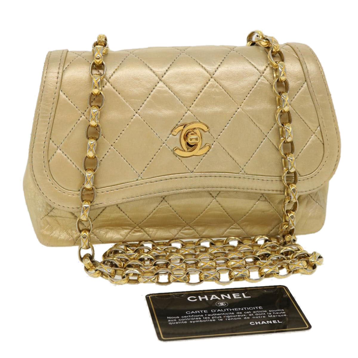 Top Quality Chanel Matelasse Turn Lock Chain Shoulder Bag Lamb Skin Gold CC Auth 31382A
