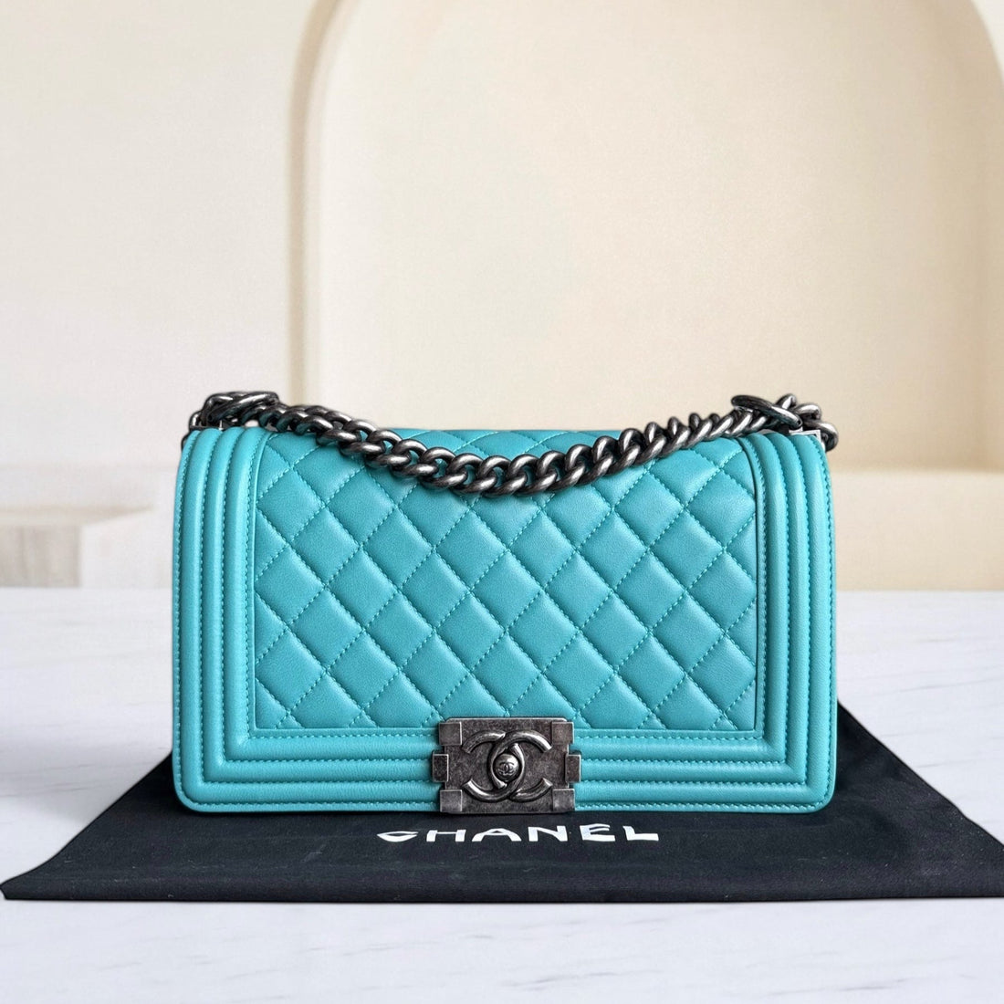 Chanel Boy Medium - 25CM Quilted Lambskin Blue Ruthenium Silver Hardware Series 19
