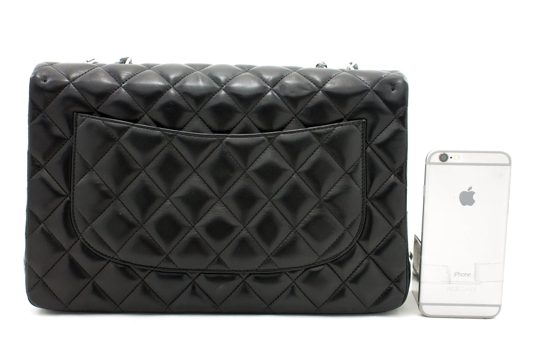 CHANEL Large Classic Handbag 11"Chain Shoulder Bag Flap Black Lamb h44