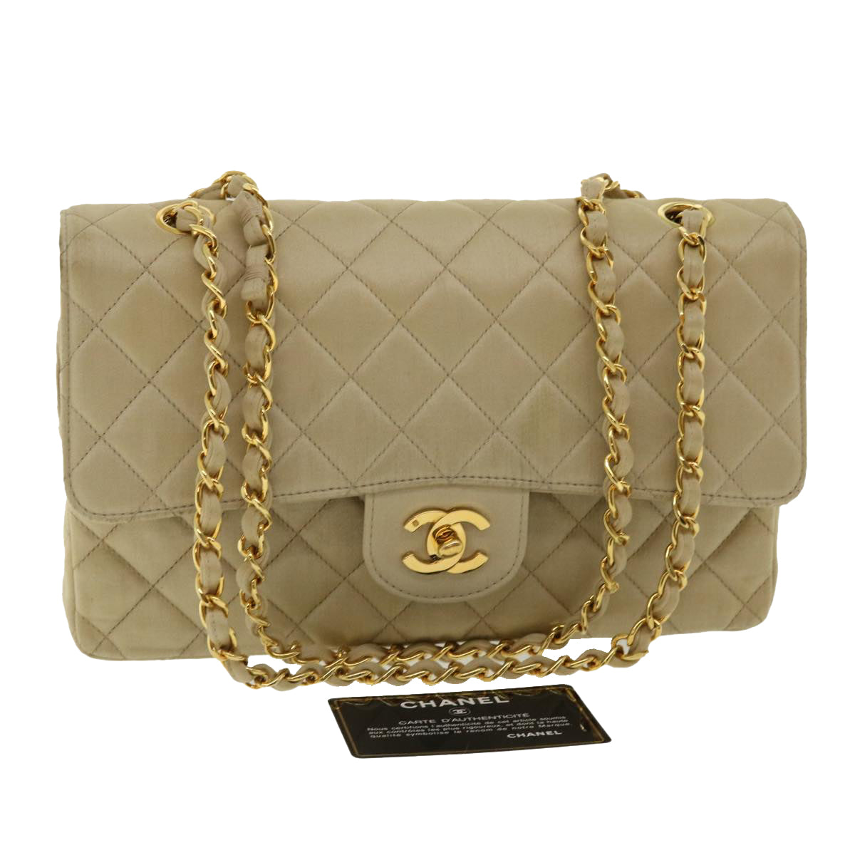 Top Quality Chanel Matelasse 25 Turn Lock Chain Shoulder Bag Satin Beige CC Auth 32604