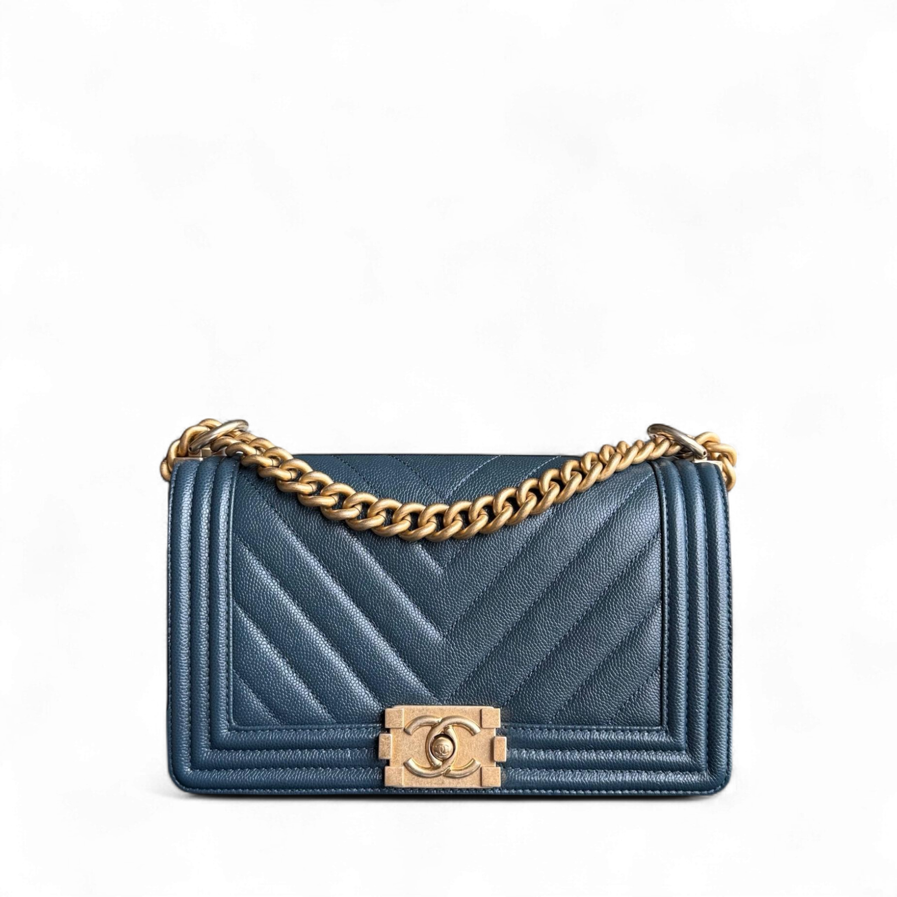 Chanel Boy Medium - Caviar 25CM Chevron Grained Calfskin Blue Gold Hardware Series 25