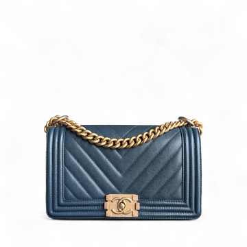 Chanel Boy Medium - Caviar 25CM Chevron Grained Calfskin Blue Gold Hardware Series 25