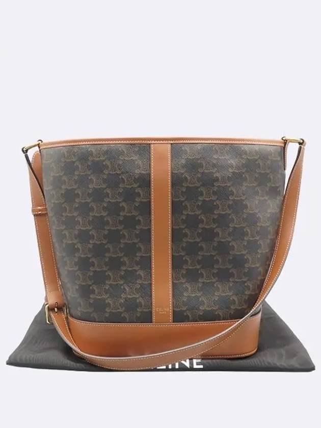 CELINE 191132 Triope Canvas Brown Calfskin Medium Bucket Shoulder Bag
