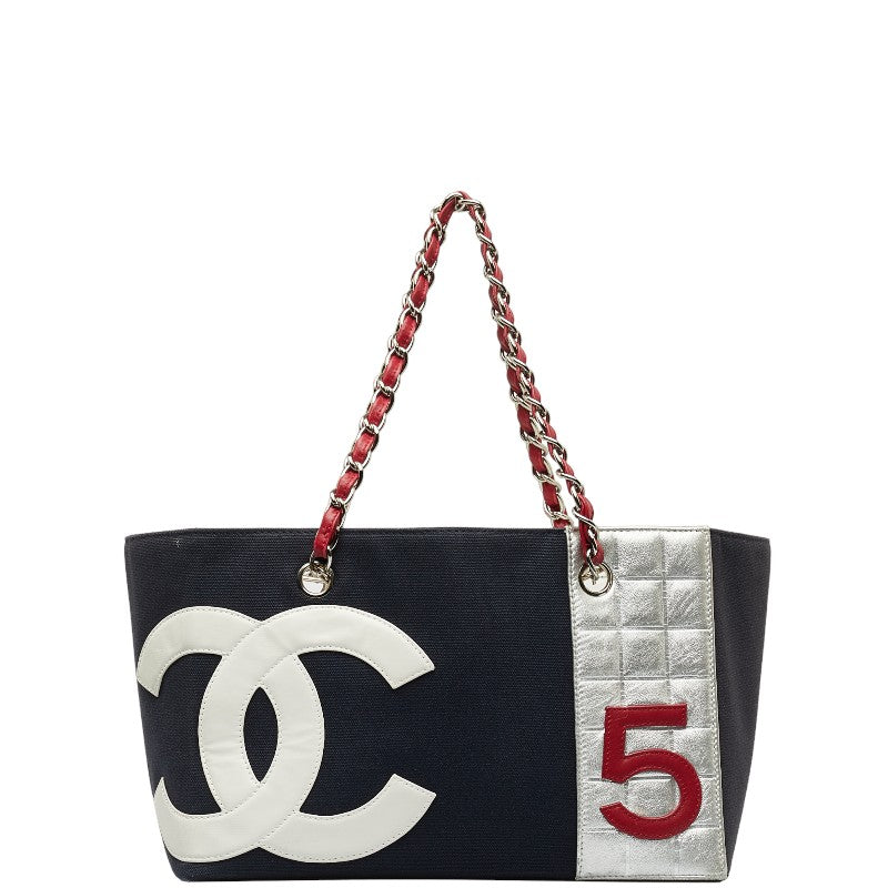 Chanel None. 5 No. 5 Coco Chain Tote Bag Navy Red Silver Canvas Leather  Chanel