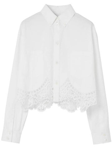 Burberry Women's Macrame Lace Hem Cropped Cotton Shirt Uptic White