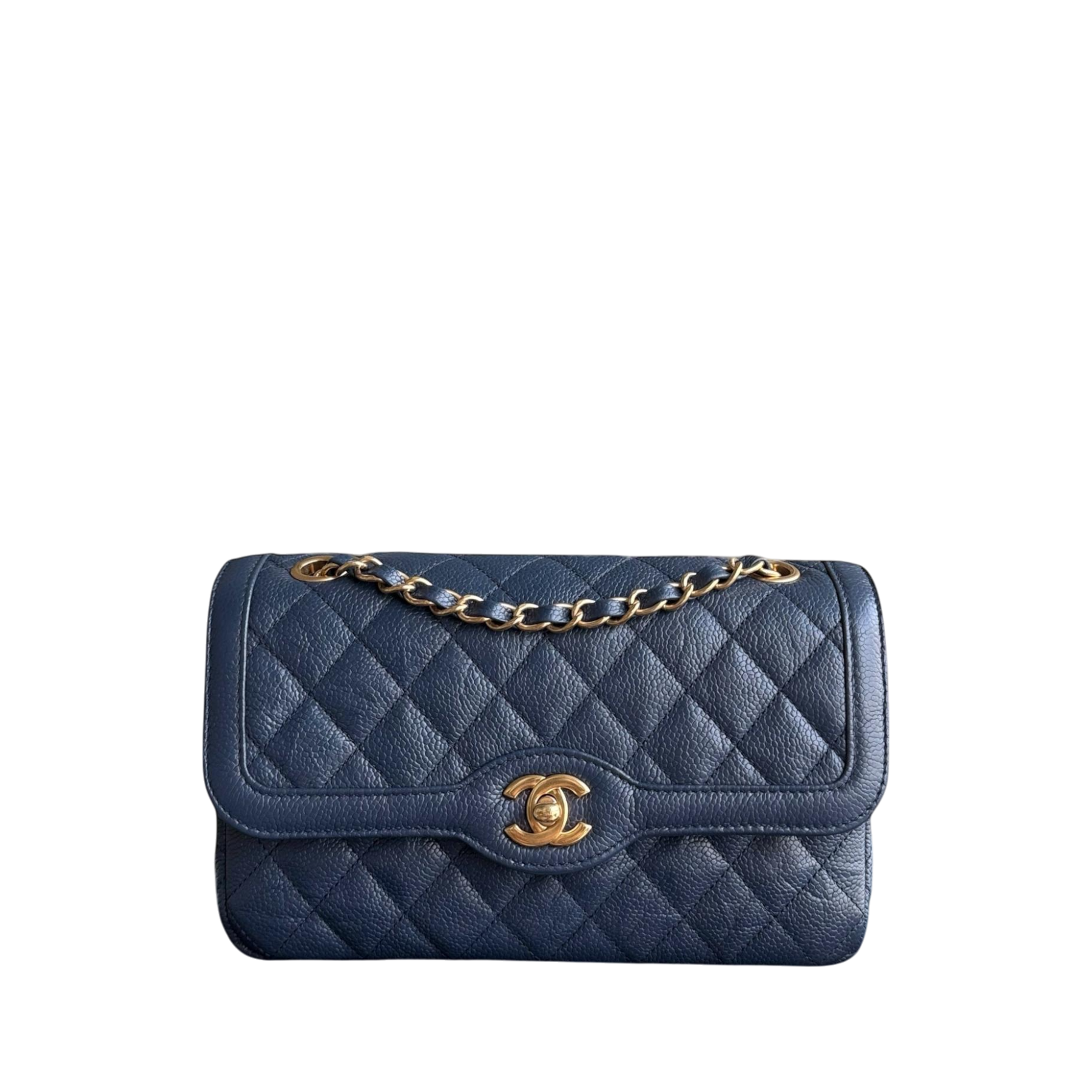 Chanel Two Tone Flap - 23CM Small Crumpled Grained Calfskin Navy Blue Gold Series 21