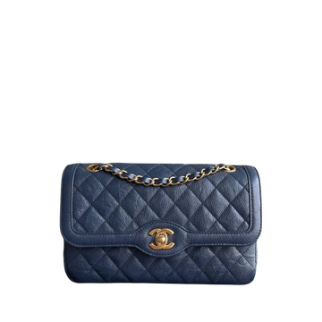 Chanel Two Tone Flap - 23CM Small Crumpled Grained Calfskin Navy Blue Gold Series 21
