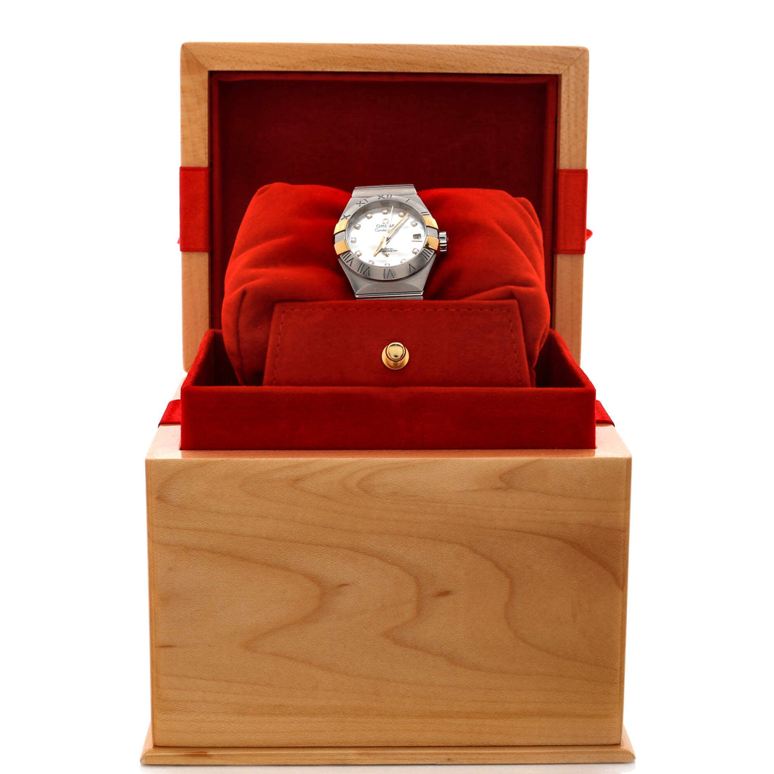 Omega Constellation Co-Axial Chronometer Automatic Watch Stainless Steel and Yellow Gold with Diamond Markers and Mother of Pearl 27