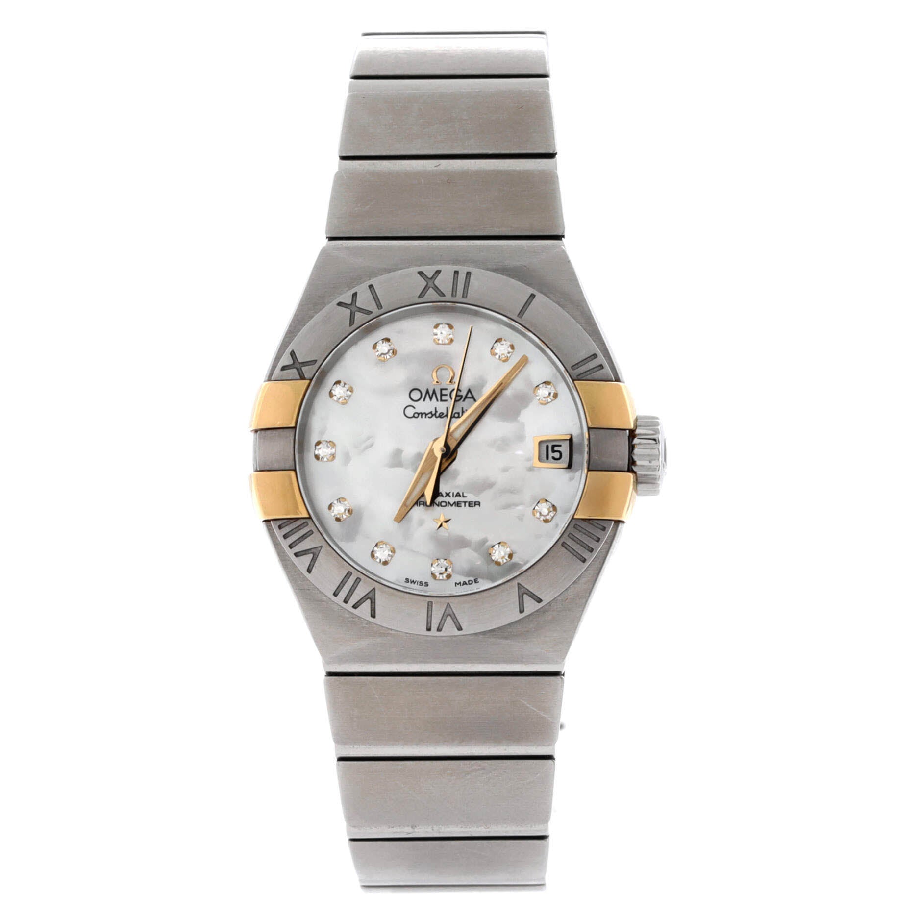 Omega Constellation Co-Axial Chronometer Automatic Watch Stainless Steel and Yellow Gold with Diamond Markers and Mother of Pearl 27