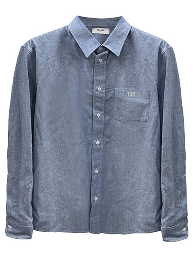CELINE Rouge Light Chambray Cotton Long Sleeve Shirt Blue
