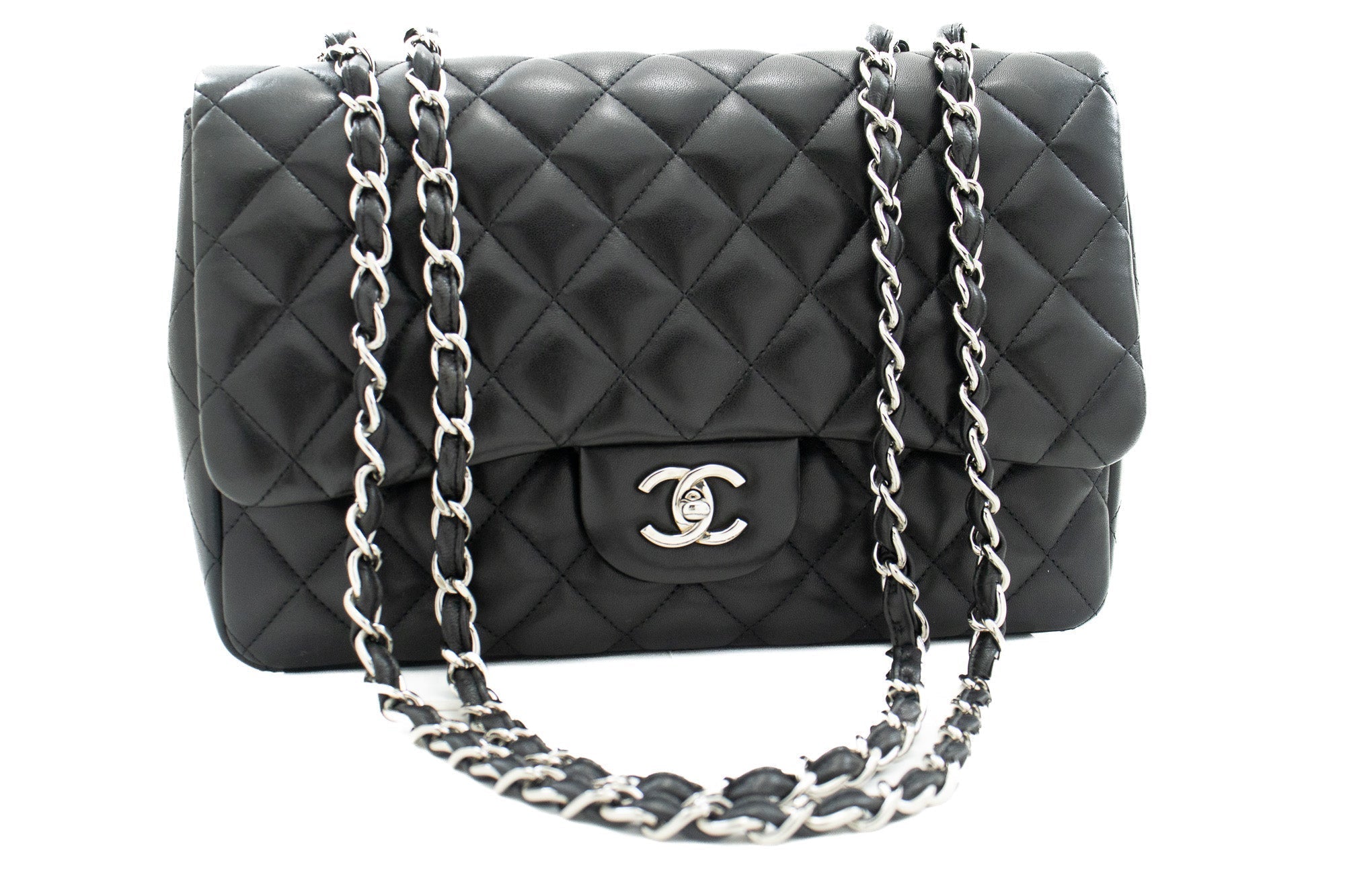 CHANEL Classic Large 11" Chain Shoulder Bag Flap Black Lambskin j42