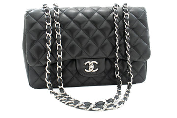 CHANEL Classic Large 11" Chain Shoulder Bag Flap Black Lambskin j42