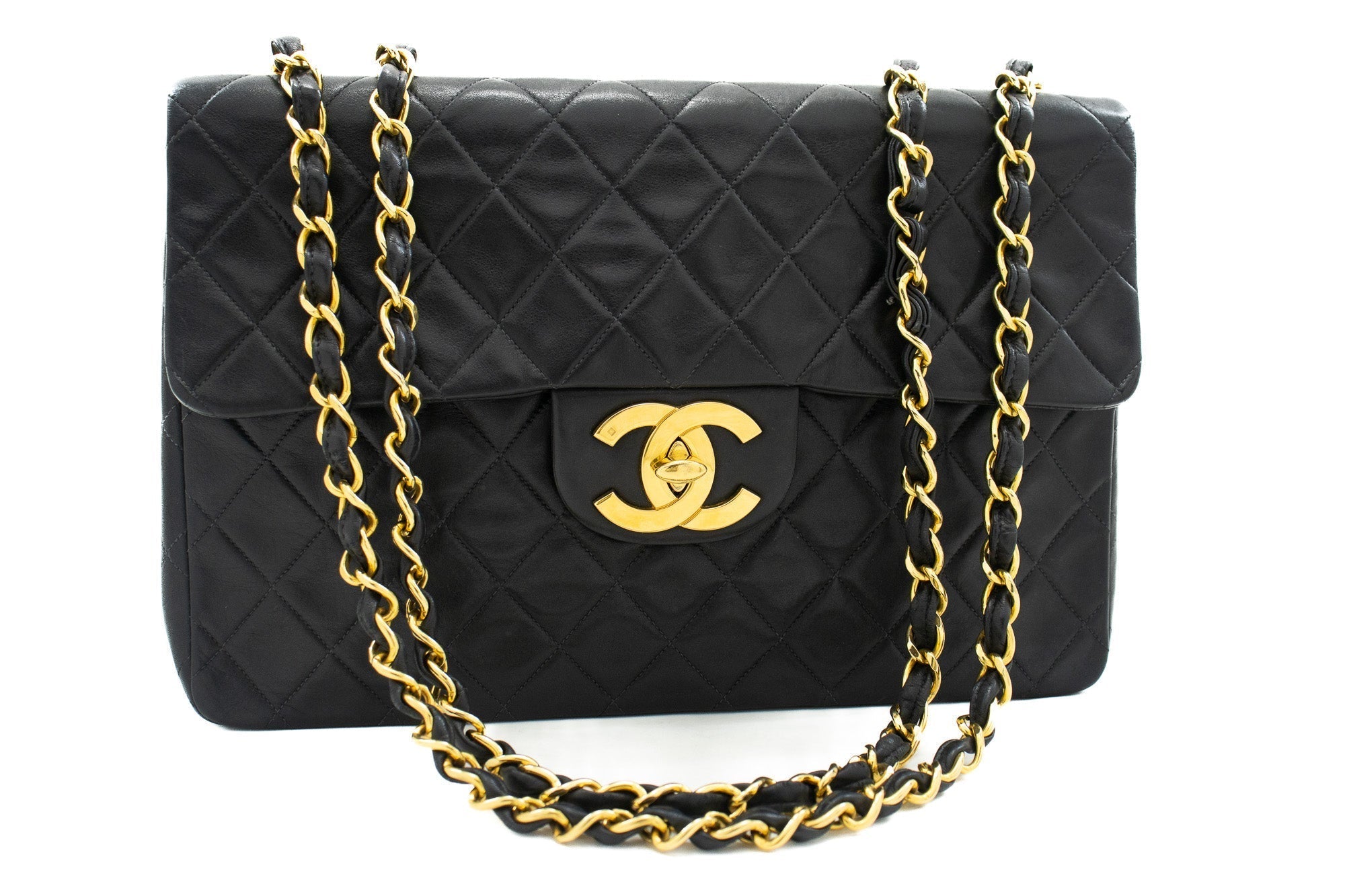 CHANEL Classic Large 13" Flap Chain Shoulder Bag Black Lambskin j71